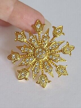 Vintage Mid Century Gold Tone Rhinestone Snowflake Statement Brooch Pin